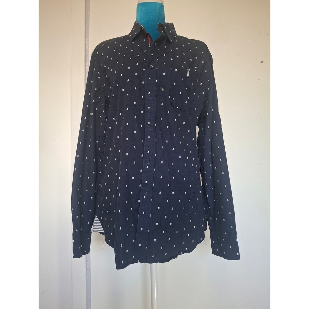 Smash Mens Navy Blue Skull Crossbones Print Button Down Shirt MediumStriped Trim
